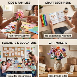 May include: Image promoting craft activities for all ages. Sections highlight 'Kids & Families,' 'Craft Beginners,' 'Teachers & Educators,' and 'Gift Makers.' Text includes 'Fun Family Activity,' 'No Experience Needed,' 'Great for Classrooms,' and 'Handmade Gifts.' The tagline reads: 'Ages 6 to 96 - Everyone Can Create!'