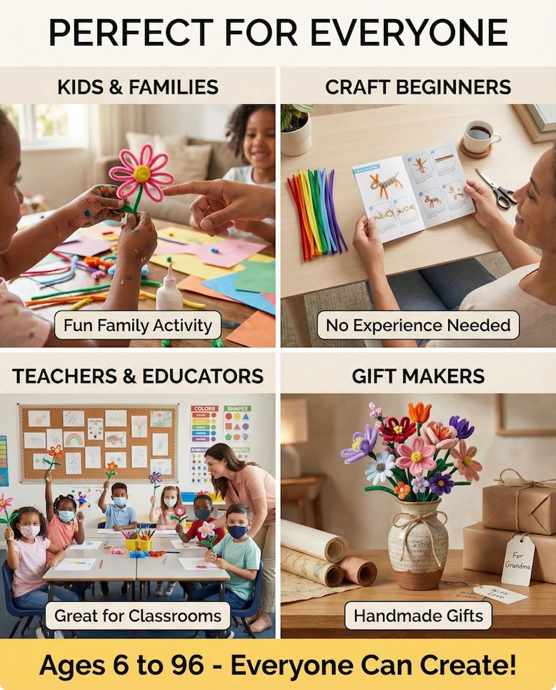 May include: Image promoting craft activities for all ages. Sections highlight 'Kids & Families,' 'Craft Beginners,' 'Teachers & Educators,' and 'Gift Makers.' Text includes 'Fun Family Activity,' 'No Experience Needed,' 'Great for Classrooms,' and 'Handmade Gifts.' The tagline reads: 'Ages 6 to 96 - Everyone Can Create!'