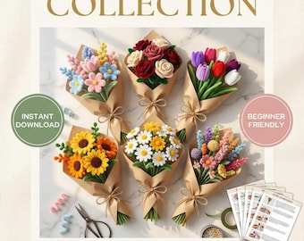 Peut inclure: Image d'une collection de tutoriels de fleurs en cure-pipes à faire soi-même. L'image présente plusieurs bouquets de fleurs en cure-pipes colorées, dont des tournesols, des marguerites et des roses, enveloppés dans du papier brun. Le texte comprend "19 Tutorial Collection".