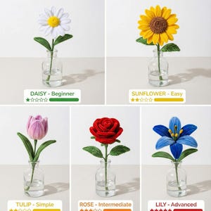 May include: An image showcasing five handmade crochet flowers: a daisy, sunflower, tulip, rose, and lily, each in a small glass vase. The text "5 BEAUTIFUL FLOWERS TO MASTER" is at the top, with difficulty levels from Beginner to Advanced.