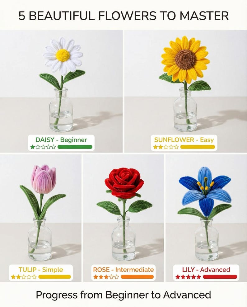 May include: An image showcasing five handmade crochet flowers: a daisy, sunflower, tulip, rose, and lily, each in a small glass vase. The text "5 BEAUTIFUL FLOWERS TO MASTER" is at the top, with difficulty levels from Beginner to Advanced.