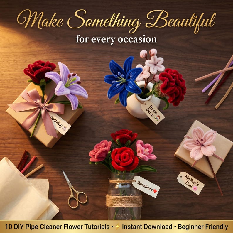May include: An overhead shot features handmade pipe cleaner flowers in various colors, including red, blue, and pink. Some flowers are arranged in small vases and gift boxes with tags that read "Birthday", "Valentine's", and "Mother's Day". The text "Make Something Beautiful" is at the top.