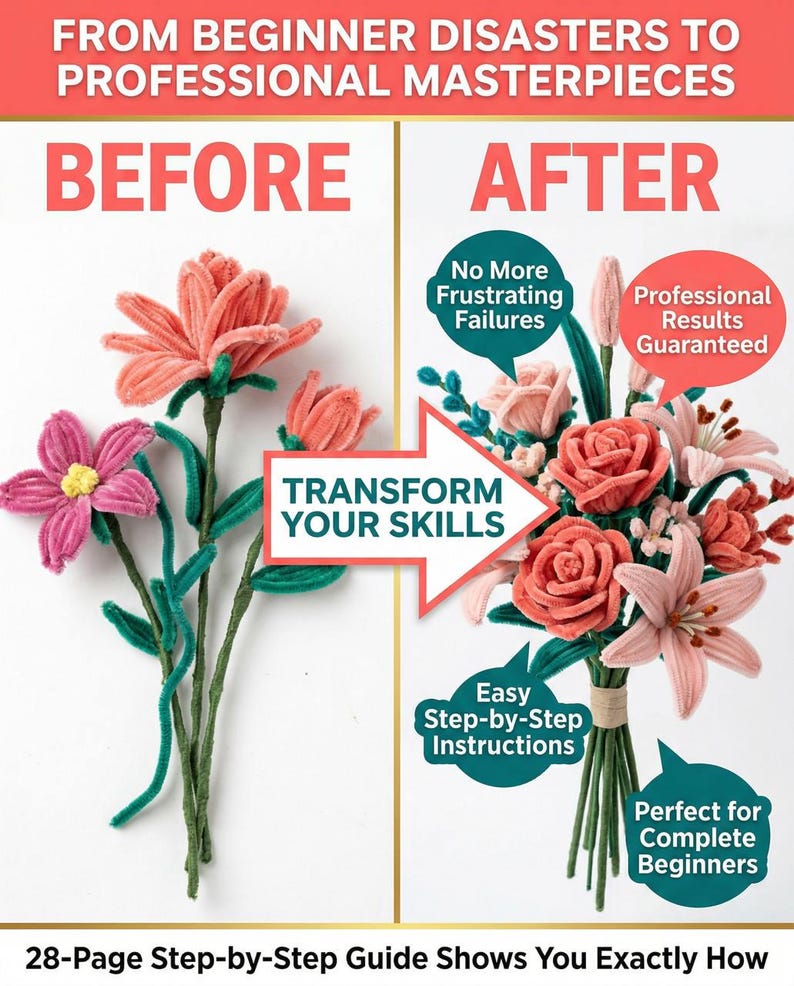 Peut inclure: Image comparative montrant une transformation de projet de bricolage. Le c&ocirc;t&eacute; gauche pr&eacute;sente des fleurs simples en cure-pipes, contrastant avec un bouquet d&eacute;taill&eacute; &agrave; droite. Le texte comprend &laquo; Transformez vos comp&eacute;tences &raquo; et &laquo; Instructions &eacute;tape par &eacute;tape faciles &raquo;.