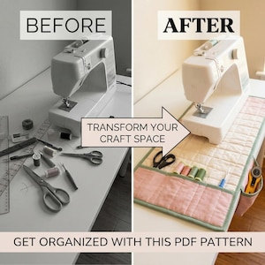 Puede incluir: Una máquina de coser sobre una mesa blanca, con el texto "BEFORE" encima. La imagen muestra una comparación del antes y el después de un espacio de manualidades. La imagen del después muestra una máquina de coser con un organizador rosa y verde. Texto: "TRANSFORM YOUR CRAFT SPACE" y "GET ORGANIZED WITH THIS PDF PATTERN."