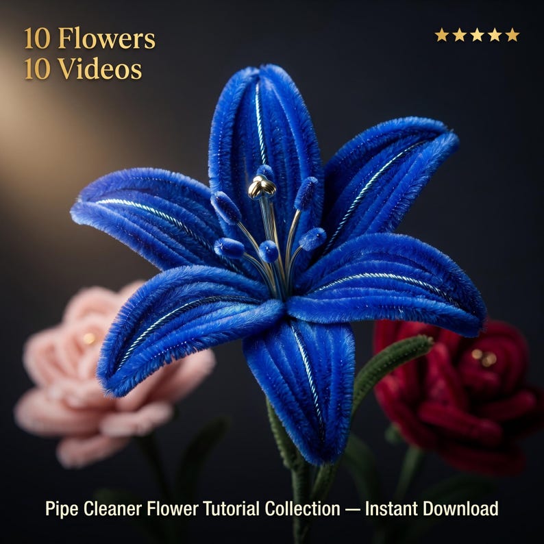 May include: A vibrant blue pipe cleaner flower is the focal point, with delicate silver accents. The image also features a pink and a red pipe cleaner flower. Text reads "10 Flowers 10 Videos" and "Pipe Cleaner Flower Tutorial Collection - Instant Download."