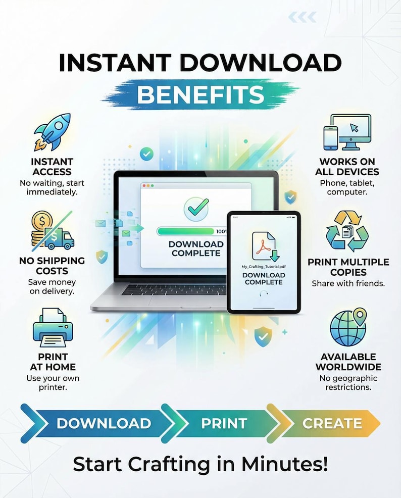 May include: An infographic promoting instant digital downloads. The image shows a laptop and tablet displaying a download complete message. Benefits include instant access, no shipping costs, print at home, and worldwide availability. Text reads "Start Crafting in Minutes!"