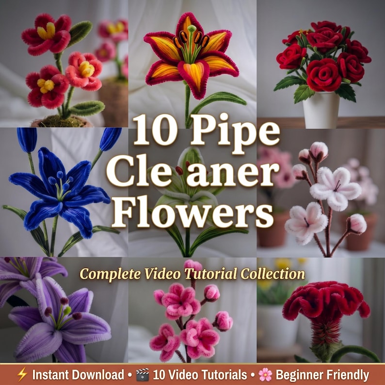 May include: A collection of ten handmade pipe cleaner flowers in various colors, including red, yellow, blue, and purple. The image includes text that reads "10 Pipe Cleaner Flowers" and "Complete Video Tutorial Collection."