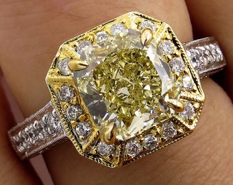 Fine GIA 2.74ctw Estate Vintage Natural Fancy Yellow Radiant Diamond Engagement Wedding Ring