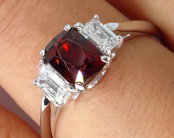 GIA 1.55ct Natural No-Heat Orangy Red SPINEL and Diamond 3 Stone Vintage Ring