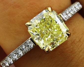 GIA 2.0ctw Estate Natural  Fancy Yellow RADIANT Cut Diamond  Solitaire Engagement Platinum Ring