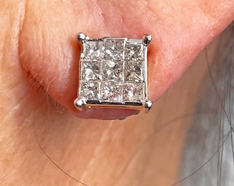 Unisex Invisible Set 1.50ctw Princess Cut Diamond Vintage Stud-Earrings Square Post 14k Yellow Gold Push Back
