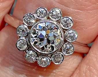 Vintage GIA Colorless 2.06ctw Old European Diamond Cocktail Flower Cluster Platinum Ring