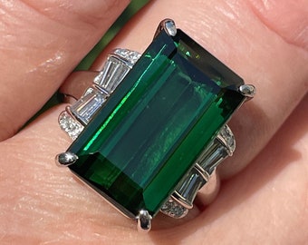 Original Art Deco GIA 12.18ctw Green Tourmaline Diamond Platinum Vintage Ring
