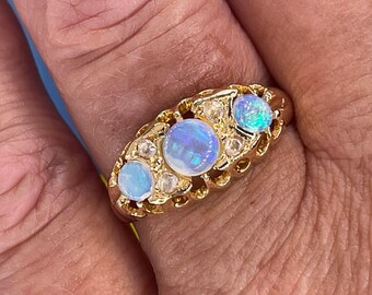 1894 Victorian Antique Opal and Diamond Wedding Anniversary 18K Gold Ring Band