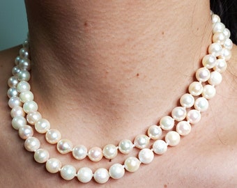 On Hold...Classic Cultured Japanese PEARL 8.4mm White Double Strand Vintage NECKLACE 14k Gold