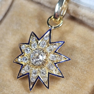 Antique 19th century Victorian English GIA Certified 19KY Gold 1.21ctw Old Mine Diamond and Blue Enamel Starburst Ten Point Star Pendant