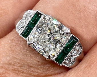 1980s Vintage GIA 3.77ctw Radiant cut DIAMOND & Green EMERALDs Platinum Ring