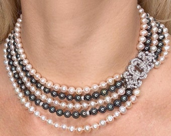 Vintage Italian Pearl Necklace: 18k White Gold Diamond Clasp