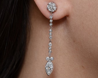 GIA 2.84ct Marquise and Round Diamond Drop Dangling 14k White Gold Earrings