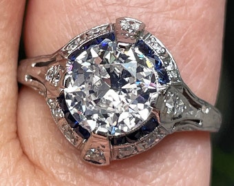 Art Deco GIA Vintage Antique 3.0ct Old EUROPEAN Diamond Sapphire Platinum Engagement Ring