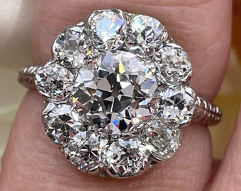 RESERVED Antique Edwardian 1900s GIA H-VS2 3.38ctw OLD European Cut Diamond Cluster Platinum Ring