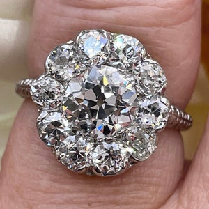 Antique Edwardian 1900s GIA H-VS2 3.38ctw OLD European Cut Diamond Cluster Platinum Ring