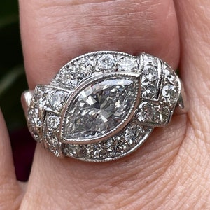 Exquisite Antique Art Deco 2.51ct Moval Marquise Cut  Diamond Platinum Engagement Anniversary Ring