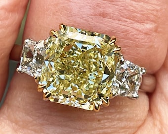 Vintage “Canary” GIA 4.32ctw Natural Fancy YELLOW Radiant Cut Diamond 3 Stone Platinum Ring