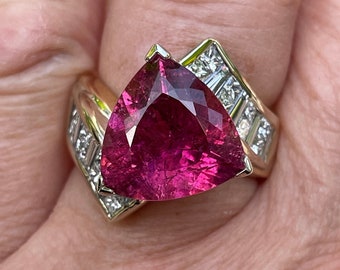 GIA 6.59ct Natural RUBELLITE Tourmaline Diamond 18k Yellow Gold Vintage Ring