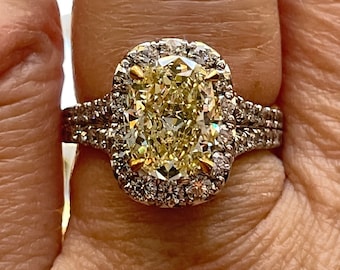 Estate “Canary” GIA 3.23ct Natural Fancy YELLOW VS1 Oval Diamond 18K Halo Ring