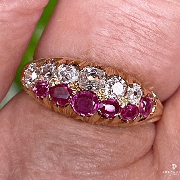 Victorian GIA No-Heat Burmese Pink Sapphires & Old Mine Diamond Double Rows 16K Yellow Gold Band Ring