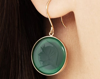 Green Onyx Round Intaglio Hanging Dangling 14k Yellow Estate Vintage Earrings