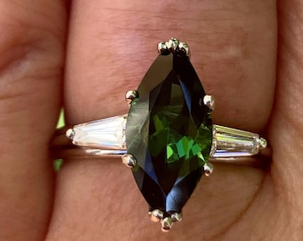 1930..Vintage 3.68ct Classic Green Tourmaline Marquise Diamond Three Stone Platinum Ring