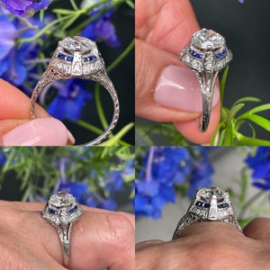 Art Deco GIA Vintage Antique 3.0ct Old EUROPEAN Diamond Sapphire Platinum Engagement Ring image 8