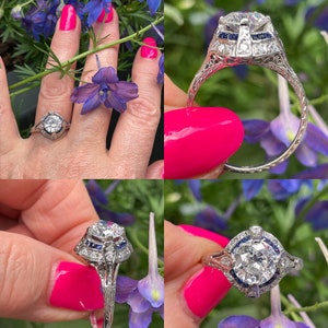 Art Deco GIA Vintage Antique 3.0ct Old EUROPEAN Diamond Sapphire Platinum Engagement Ring image 9