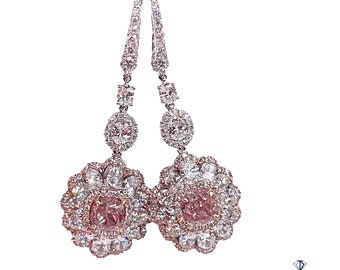 Extraordinary 5.15ctw GIA Natural PINK & White Diamond Cluster Dangling Hanging Drop 18K Earrings