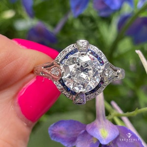 Art Deco GIA Vintage Antique 3.0ct Old EUROPEAN Diamond Sapphire Platinum Engagement Ring image 5