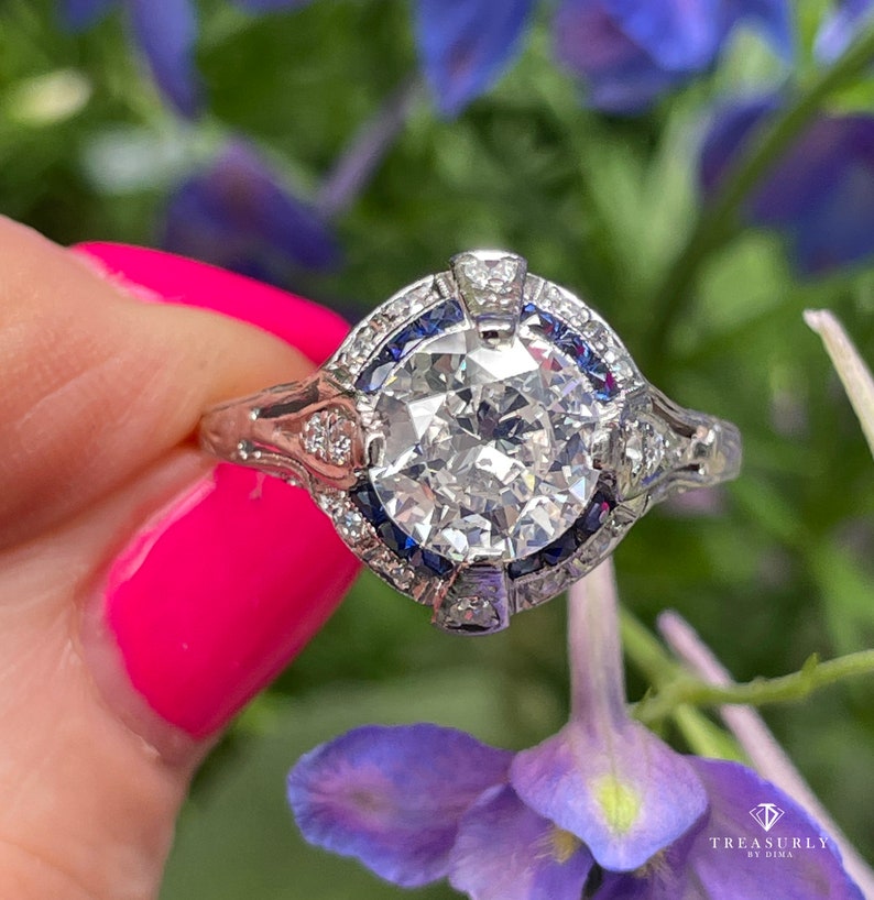 Art Deco GIA Vintage Antique 3.0ct Old EUROPEAN Diamond Sapphire Platinum Engagement Ring image 5