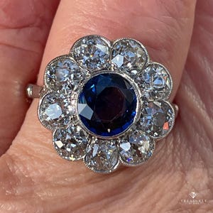 Antique GIA 5.20ctw Ceylon Sapphire Old European Diamond Cocktail Cluster Wedding Engagement Blossom Flower 18K White Gold Ring