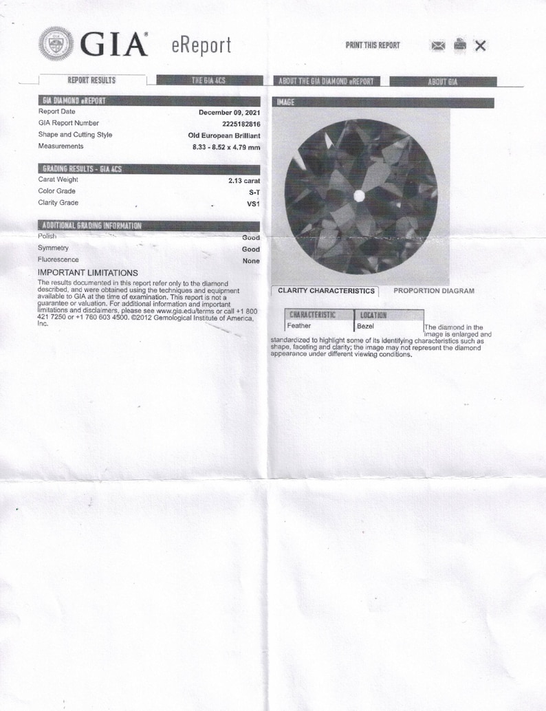 May include: A GIA eReport document detailing a diamond's characteristics. The report includes the date, report number, shape, cutting style, and measurements of the diamond. The diamond is an Old European Brilliant, measuring 8.33-8.52 x 4.79 mm, with a carat weight of 2.13.