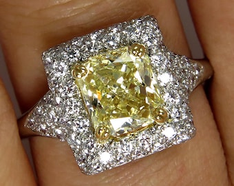 ON HOLD...Estate “Canary” 2.56ctw Natural Fancy YELLOW Radiant Cut Diamond Wedding Halo Ring