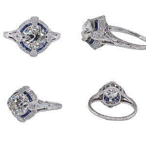 Art Deco GIA Vintage Antique 3.0ct Old EUROPEAN Diamond Sapphire Platinum Engagement Ring image 10