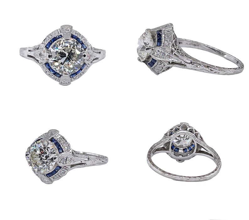 Art Deco GIA Vintage Antique 3.0ct Old EUROPEAN Diamond Sapphire Platinum Engagement Ring image 10