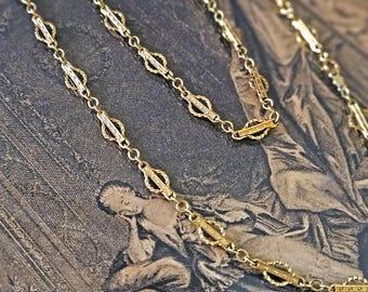 1890s Antique Victorian Solid 14k Gold Gothic Revival Geometric Sautoir Necklace Chain 20.5"