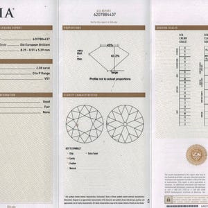 May include: A GIA Natural Diamond Grading Report, dated January 29, 2020, with report number 6207884437. The report details the diamond's characteristics, including a 2.38-carat weight, O to P color grade, and VS1 clarity. The shape is Old European Brilliant, with measurements of 8.25-8.51 x 5.29 mm.