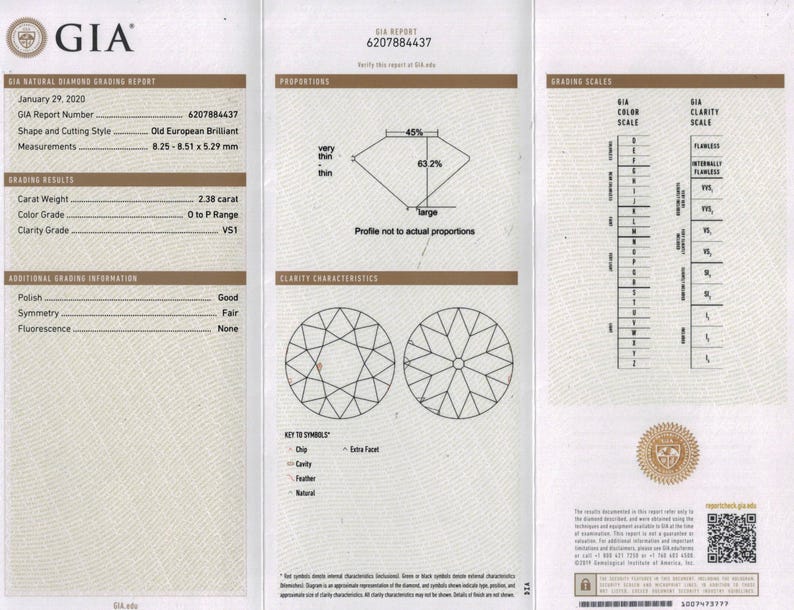 May include: A GIA Natural Diamond Grading Report, dated January 29, 2020, with report number 6207884437. The report details the diamond's characteristics, including a 2.38-carat weight, O to P color grade, and VS1 clarity. The shape is Old European Brilliant, with measurements of 8.25-8.51 x 5.29 mm.