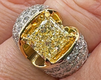 Vintage “Canary” GIA 7.02ctw Natural Fancy YELLOW Radiant Cut Diamond Dome 18K Ring