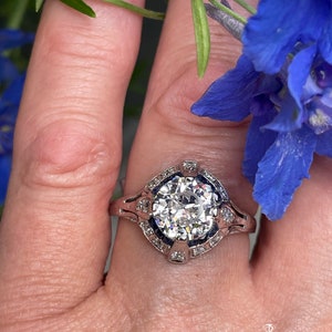 Art Deco GIA Vintage Antique 3.0ct Old EUROPEAN Diamond Sapphire Platinum Engagement Ring image 7