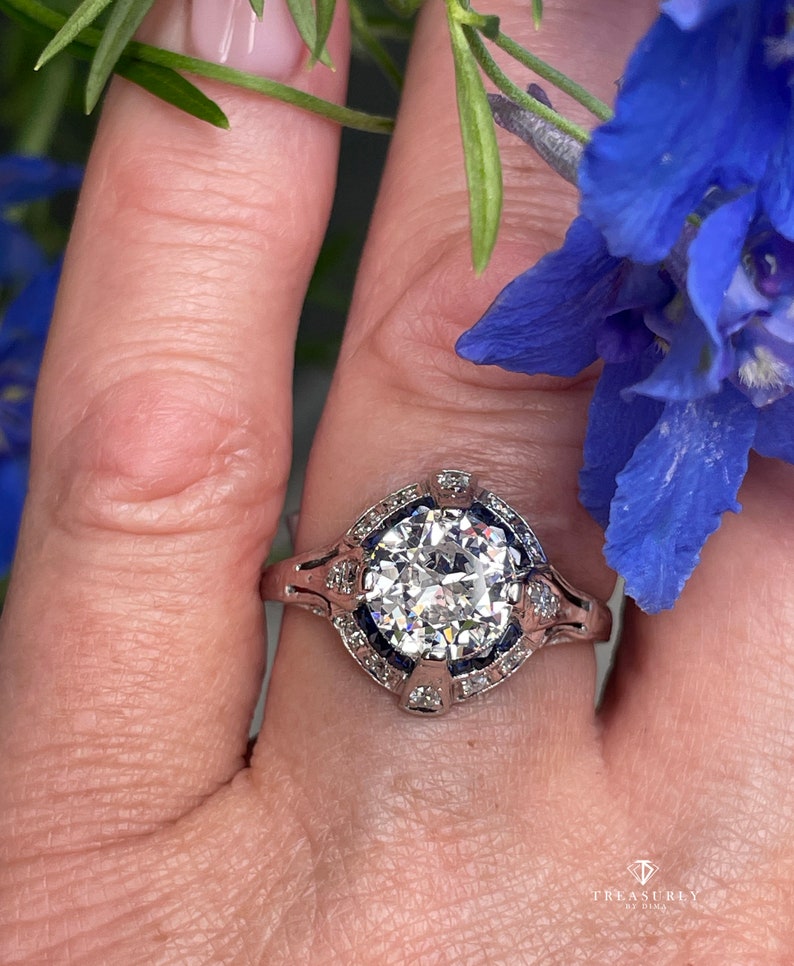 Art Deco GIA Vintage Antique 3.0ct Old EUROPEAN Diamond Sapphire Platinum Engagement Ring image 7