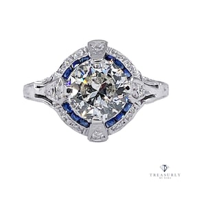 Art Deco GIA Vintage Antique 3.0ct Old EUROPEAN Diamond Sapphire Platinum Engagement Ring image 2